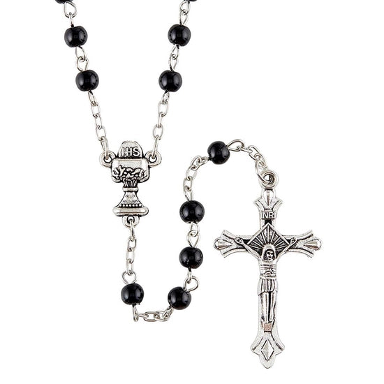 First Communion - Black Glass Rosary