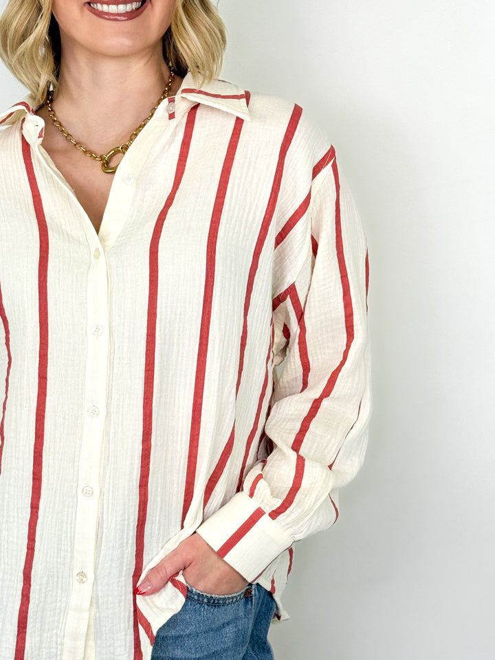 Shawnda - Striped Gauze Button Down Top (Red)