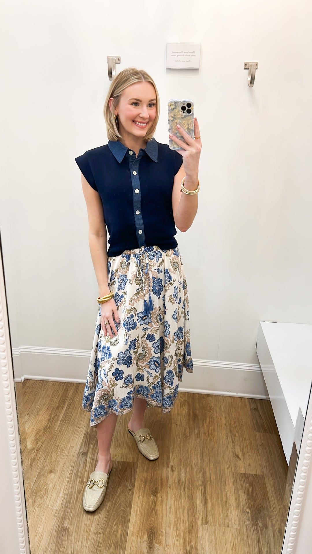 Mikayla - Navy Denim Detail Button Down Knit Top