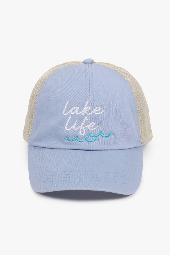 Lake Life Embroidered Mesh Back Baseball Cap (Light Blue)