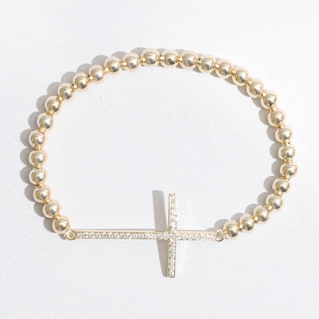 Rhinestone Pave Cross Beaded Gold Tone Bracelet