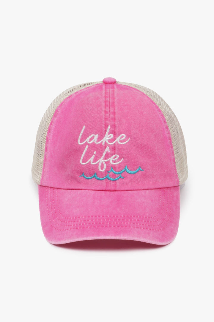 Lake Life Embroidered Mesh Back Baseball Cap (Hot Pink)