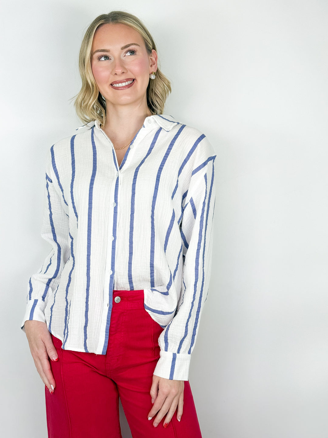 Shawnda - Striped Gauze Button Down Top (Blue)