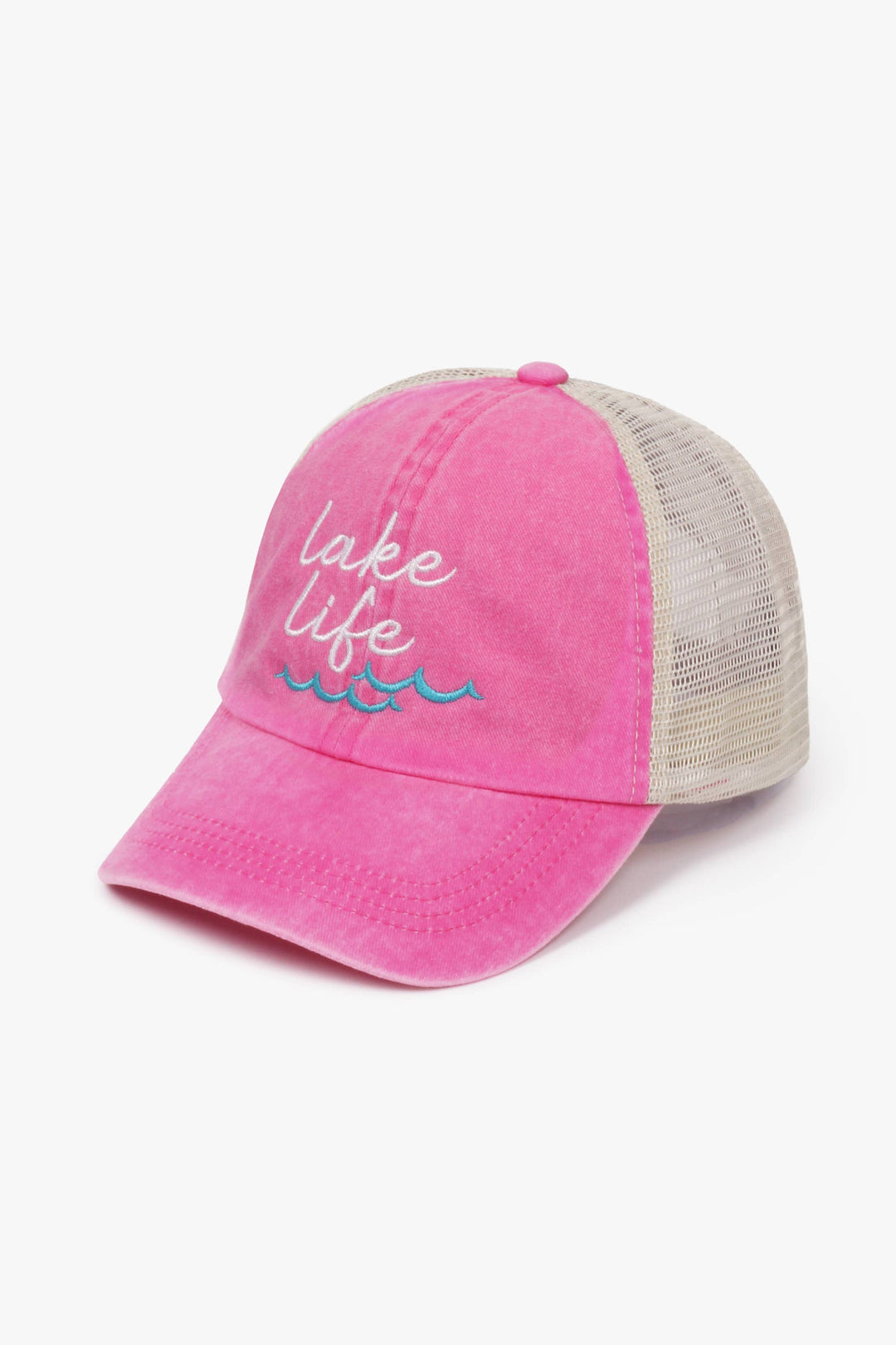 Lake Life Embroidered Mesh Back Baseball Cap (Hot Pink)