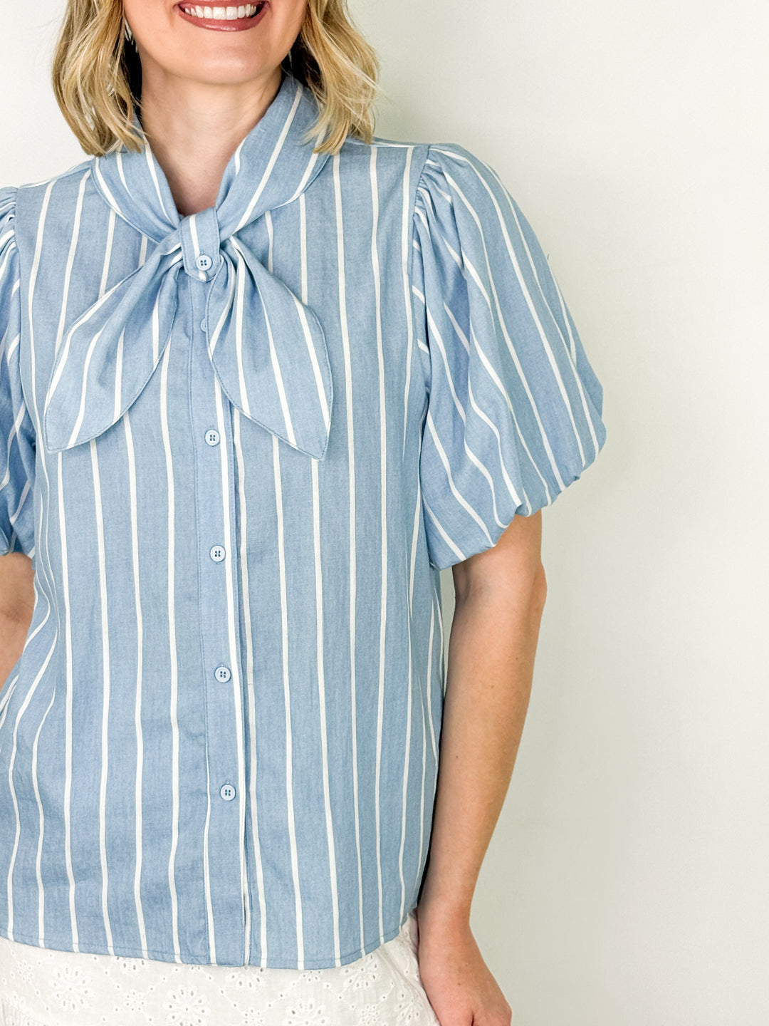 Olivia - Striped Puff Sleeve Tie Neck Top