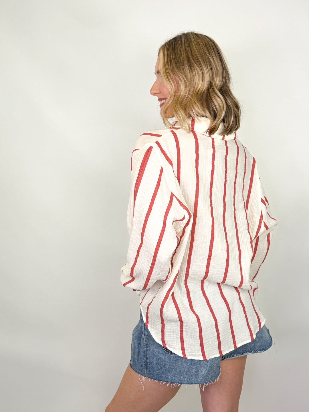 Shawnda - Striped Gauze Button Down Top (Red)