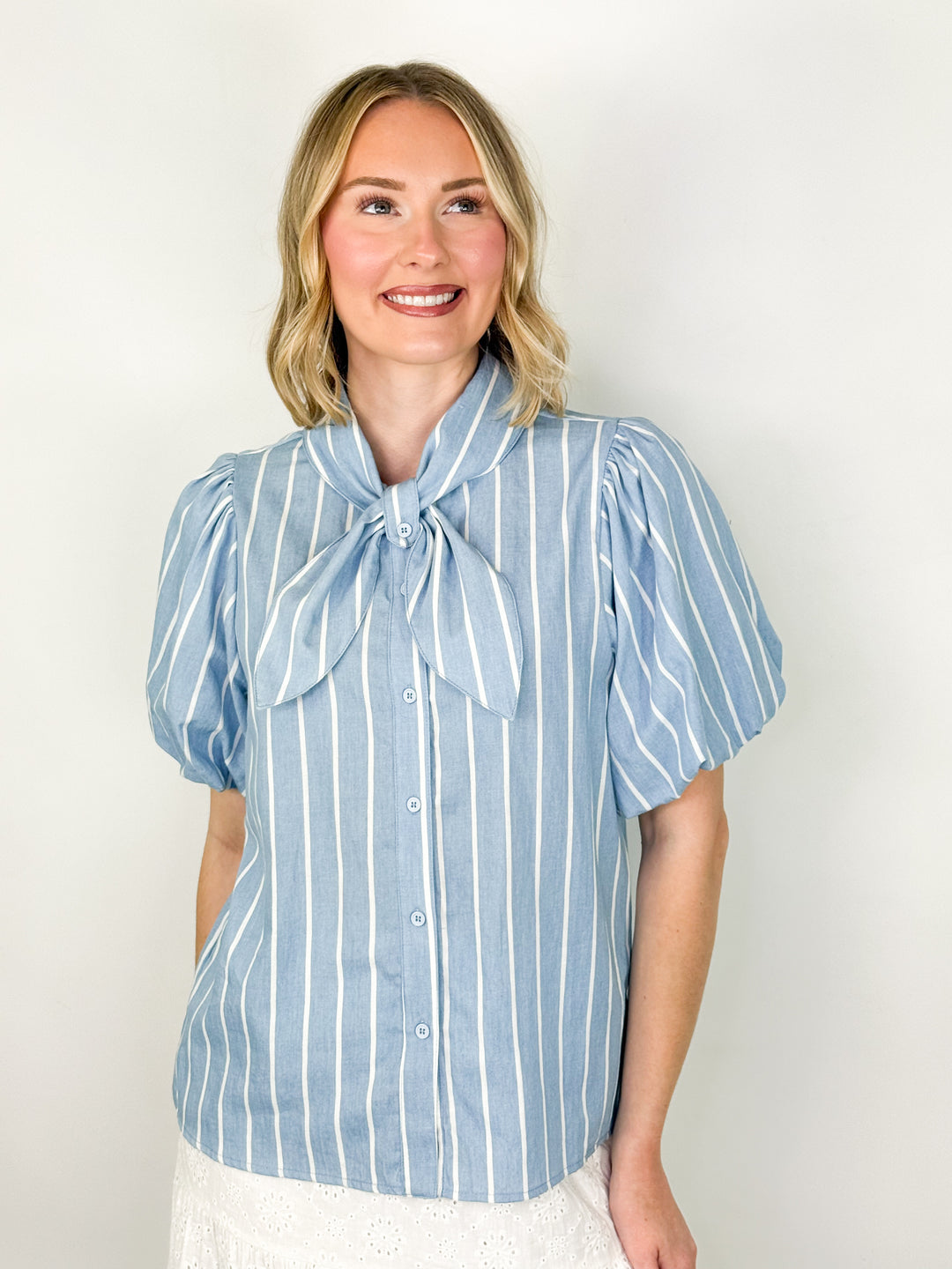 Olivia - Striped Puff Sleeve Tie Neck Top