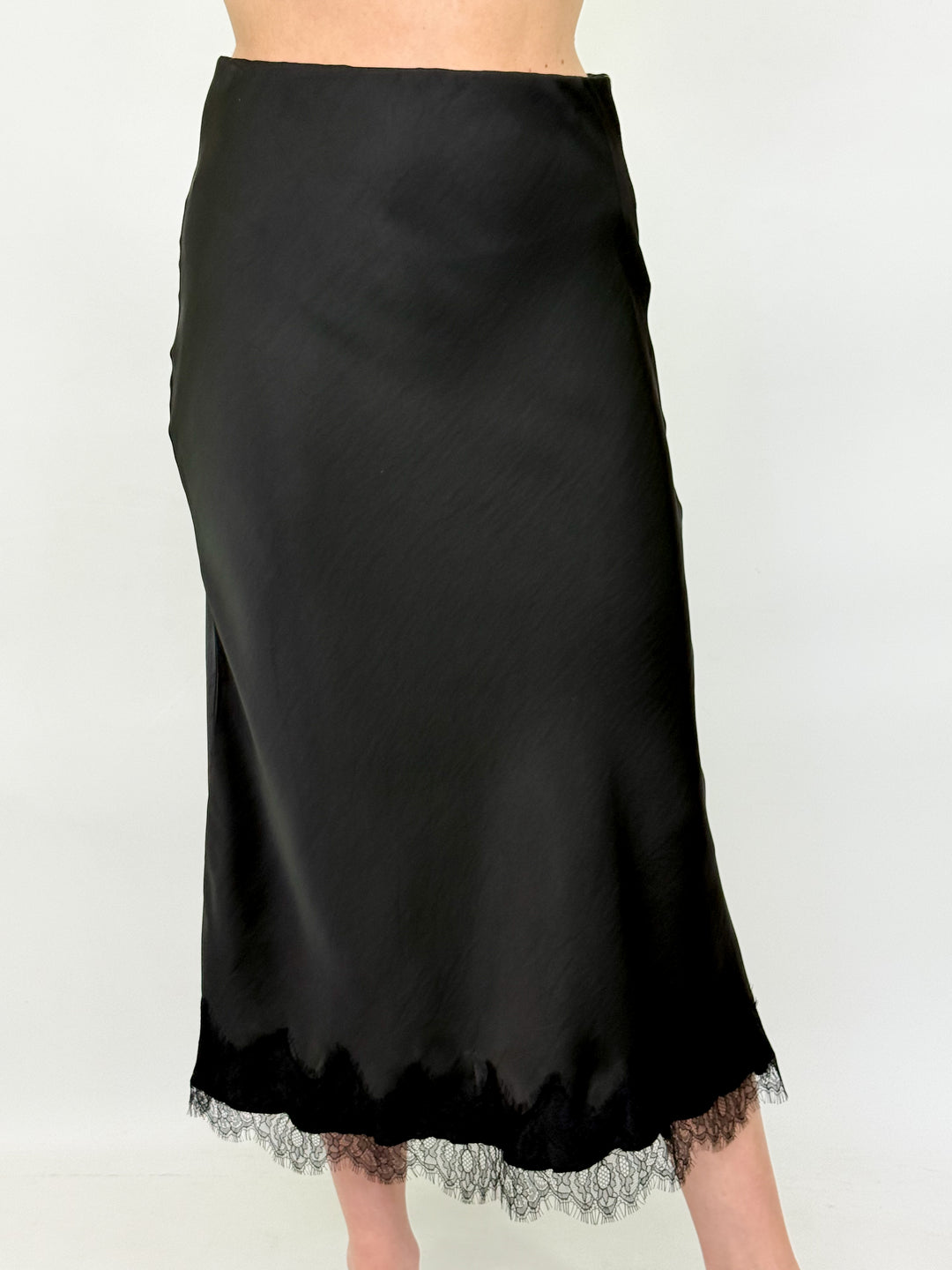 Carolyn - Satin Lace Trim Midi Skirt (Black)