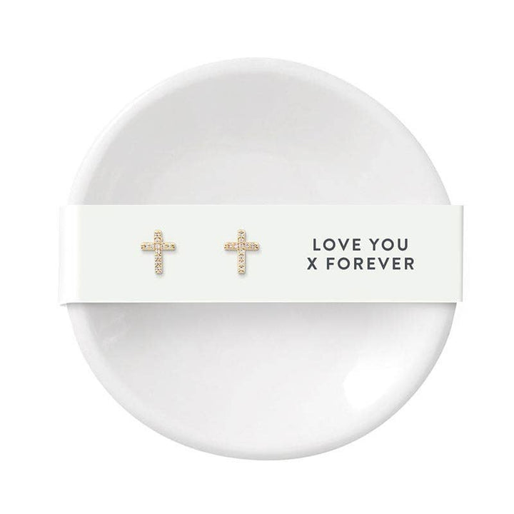 Ceramic Jewelry Dish & Cross Earrings - Love Forever