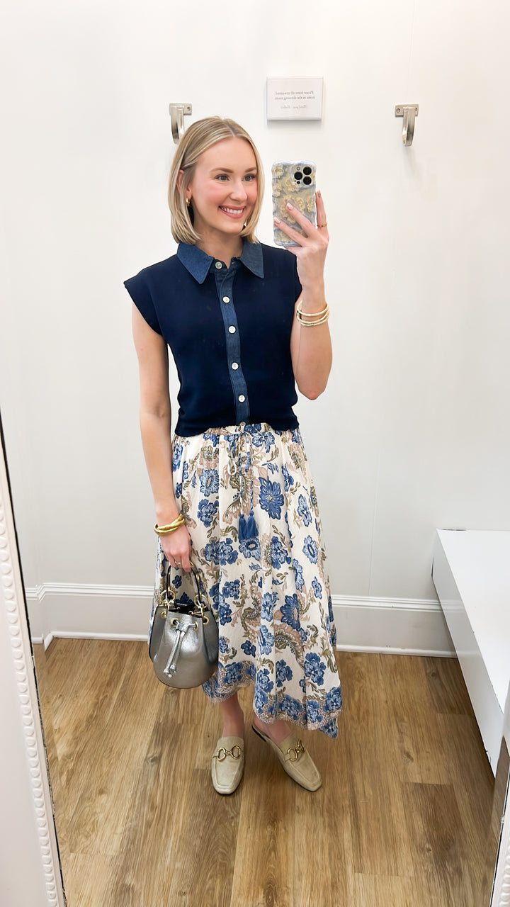 Mikayla - Navy Denim Detail Button Down Knit Top