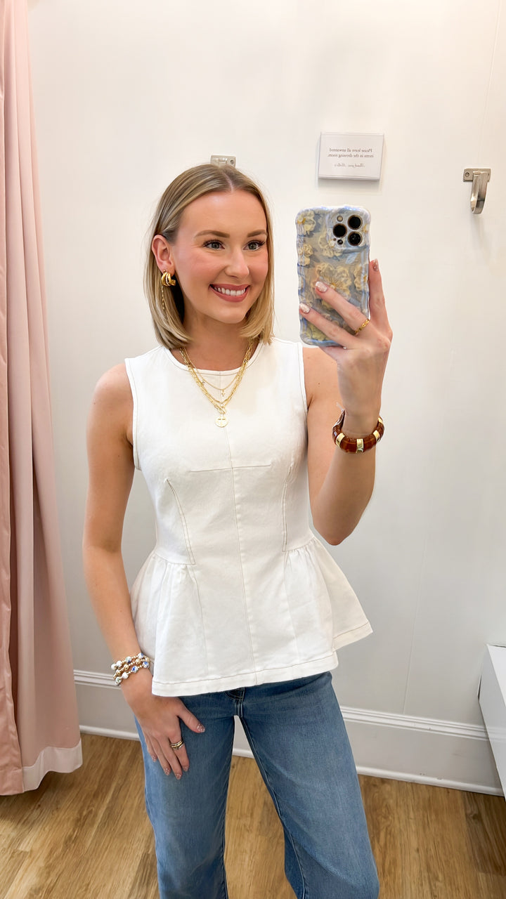 Nancy - White Denim Peplum Top