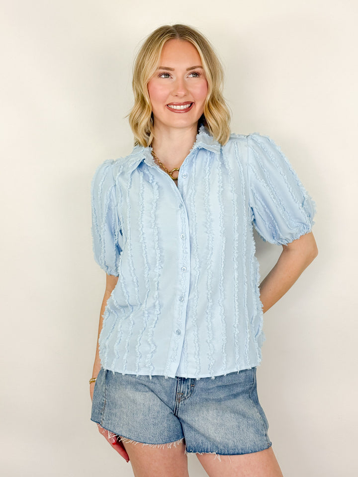 Tia - Blue Textured Striped Top