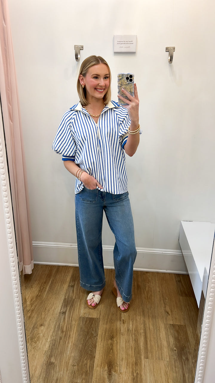 Lindi - Striped Half Zip Top (Blue)