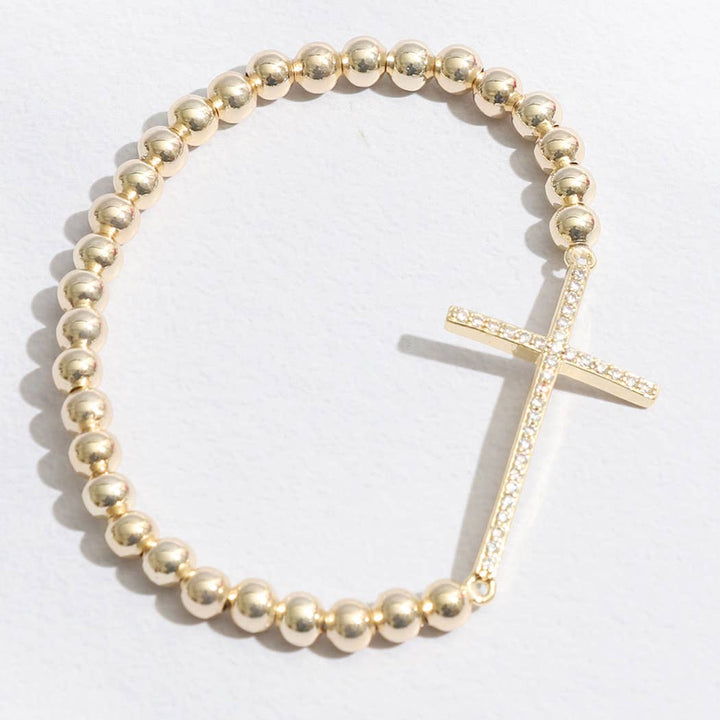 Rhinestone Pave Cross Beaded Gold Tone Bracelet