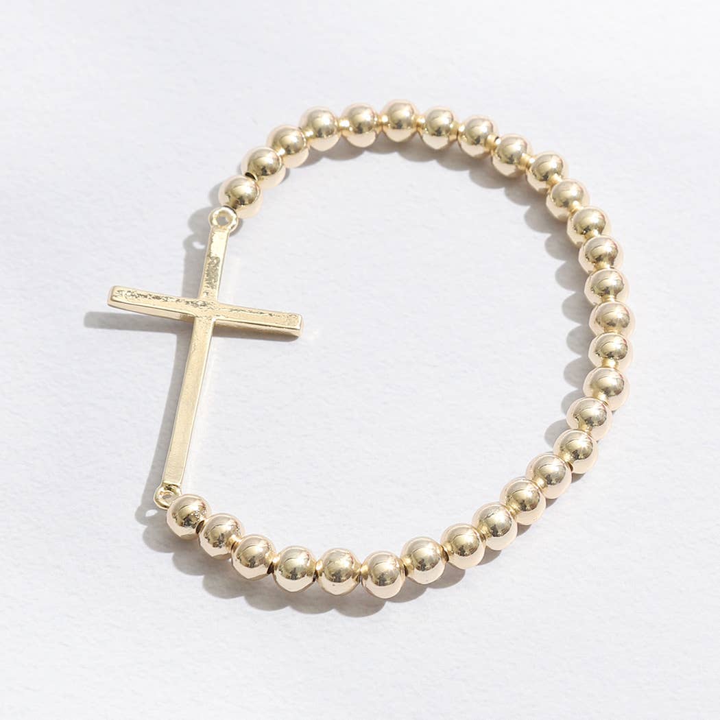 Rhinestone Pave Cross Beaded Gold Tone Bracelet