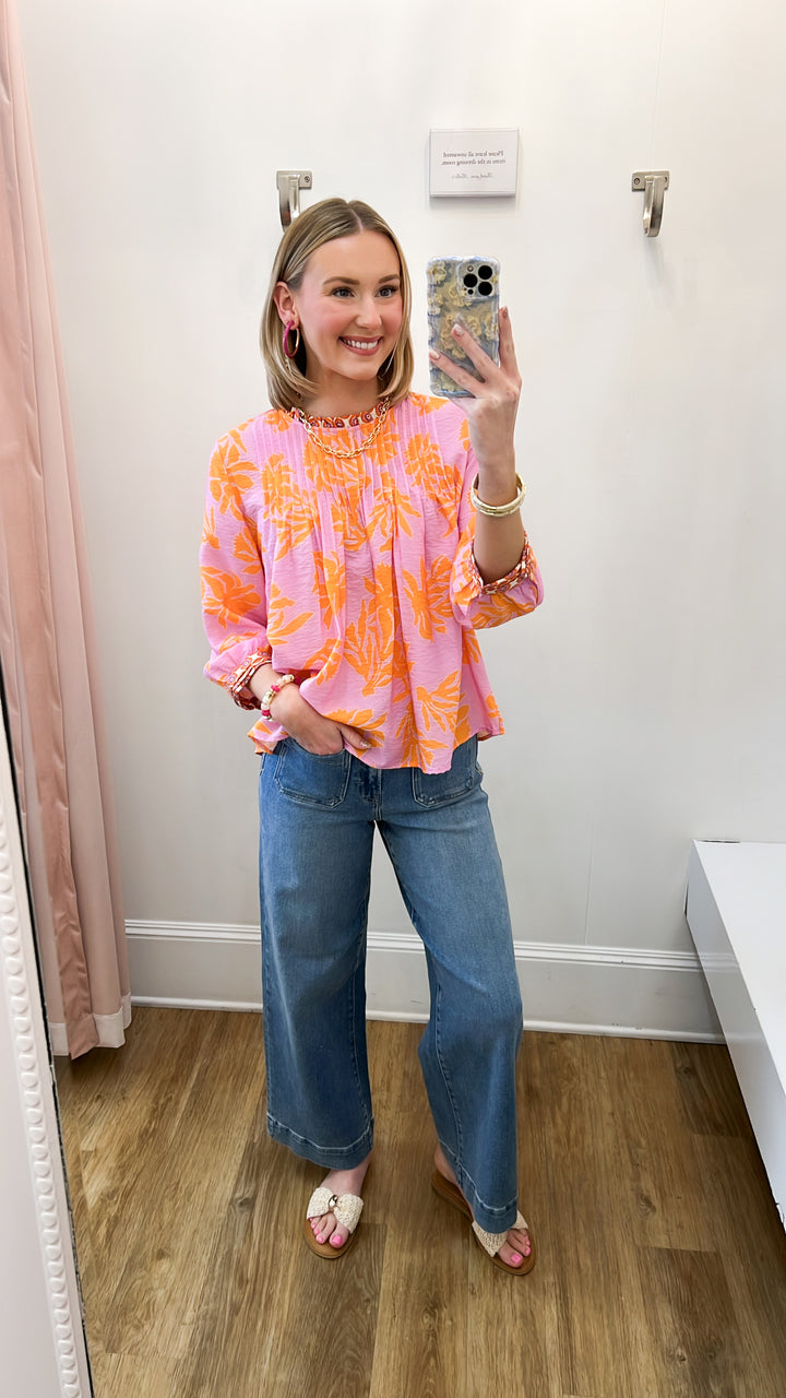 Nori - Pink + Orange Long Sleeve Floral Blouse