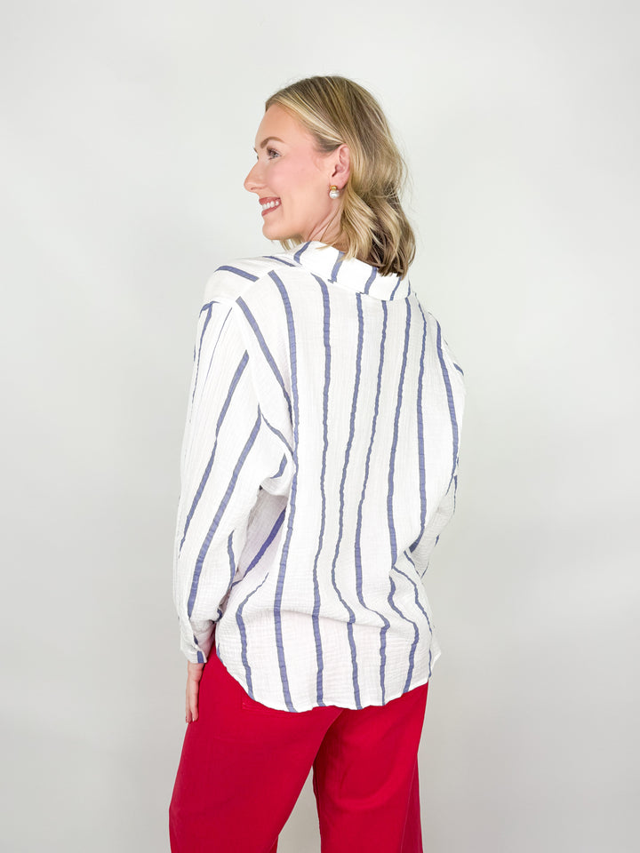 Shawnda - Striped Gauze Button Down Top (Blue)