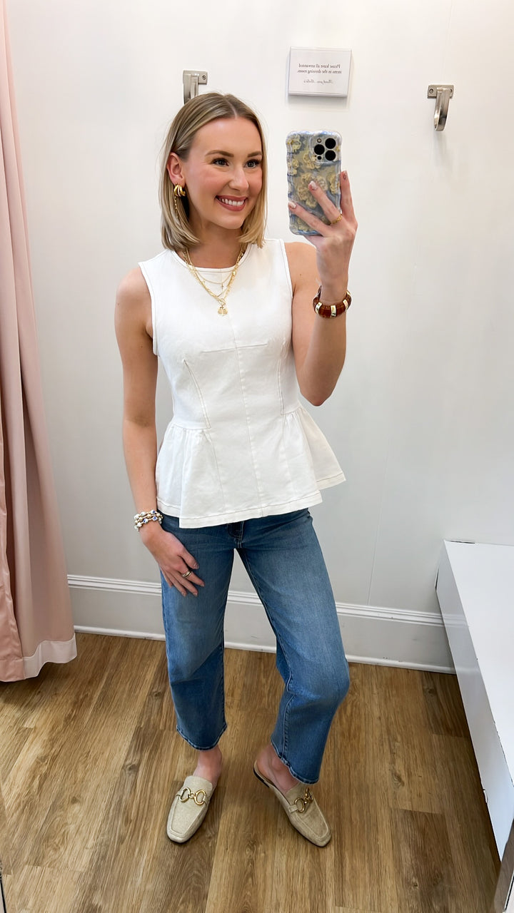 Nancy - White Denim Peplum Top