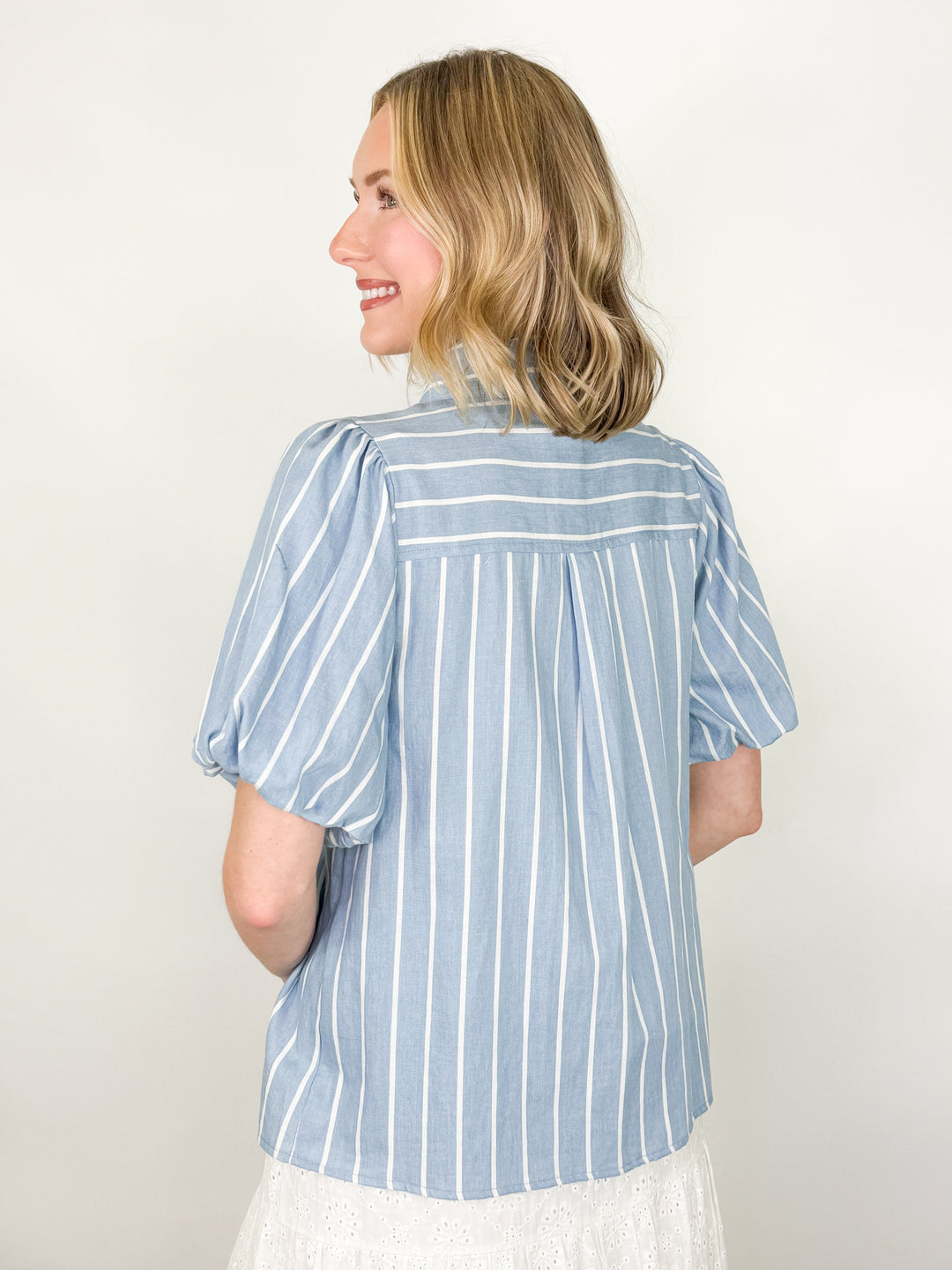 Olivia - Striped Puff Sleeve Tie Neck Top
