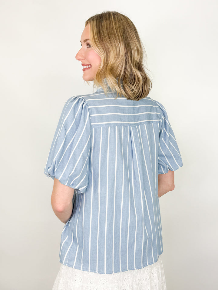 Olivia - Striped Puff Sleeve Tie Neck Top