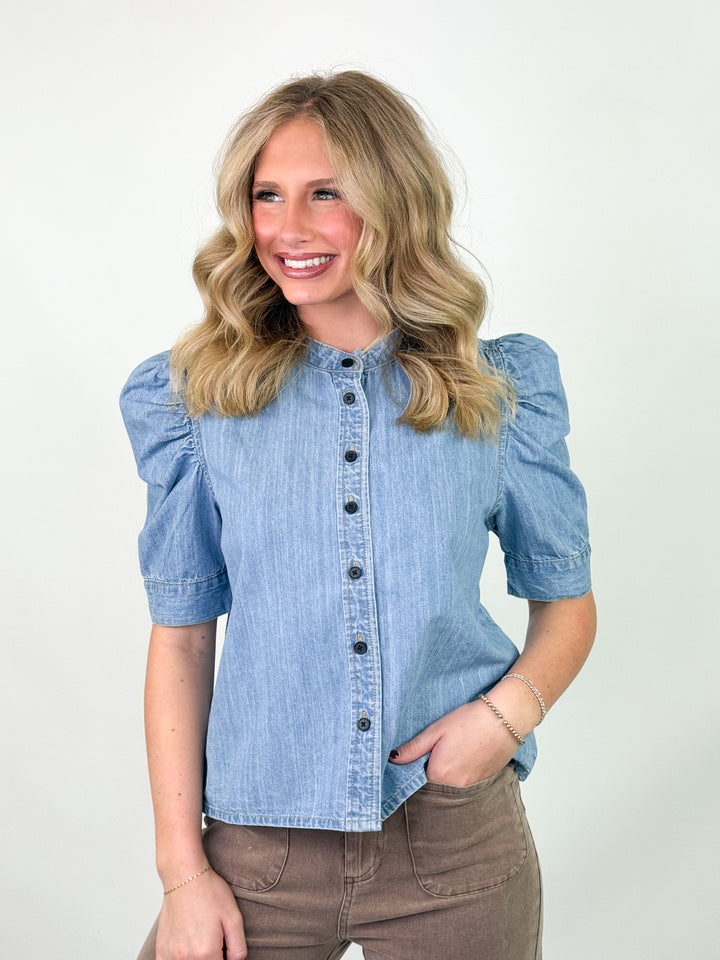 Deana - Denim Puff Sleeve Button Down Blouse