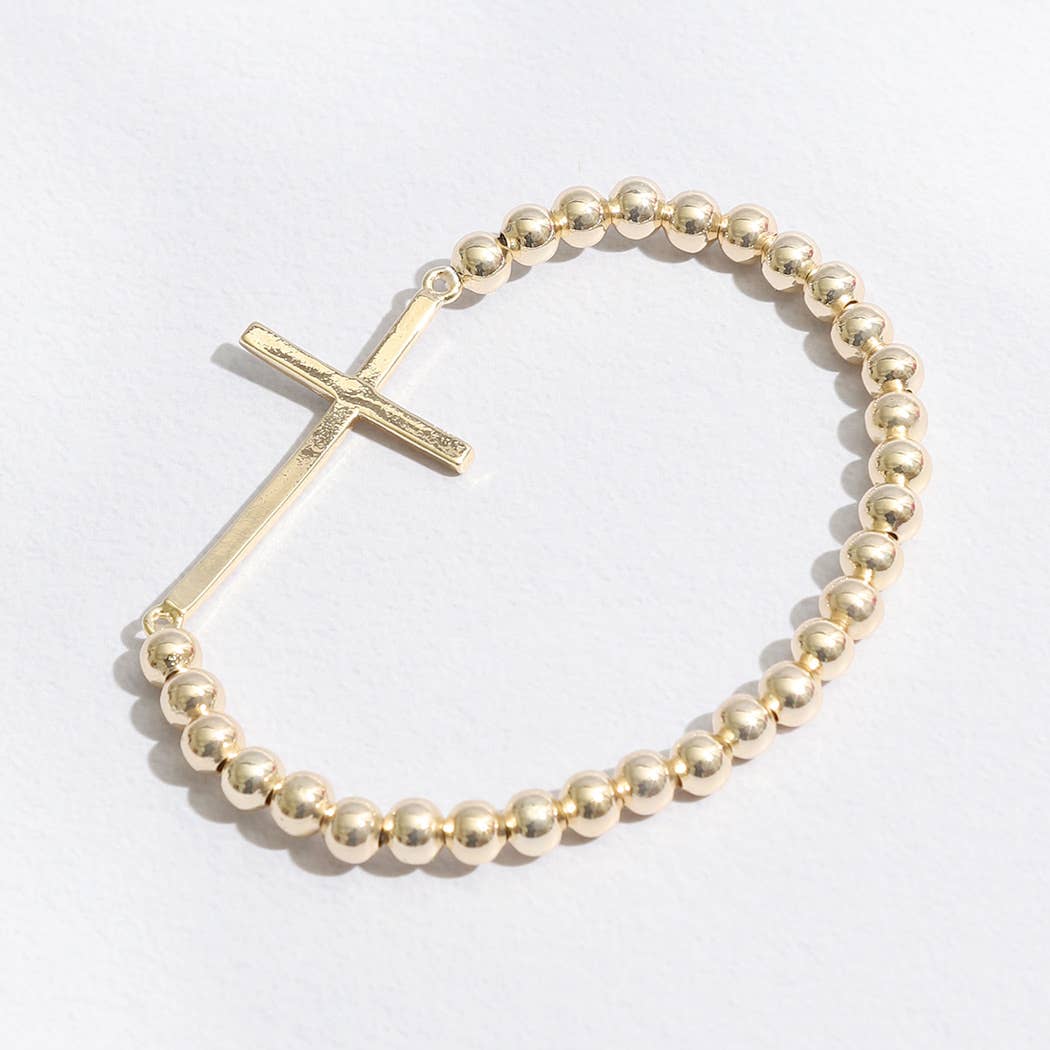 Rhinestone Pave Cross Beaded Gold Tone Bracelet