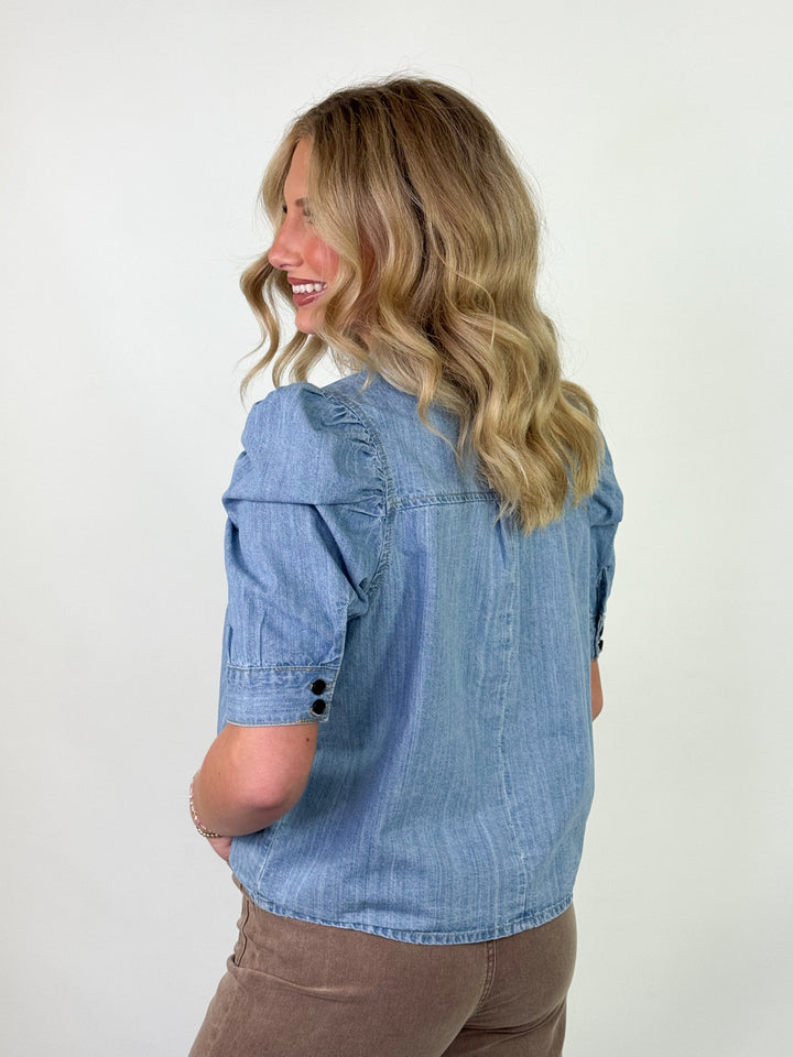 Deana - Denim Puff Sleeve Button Down Blouse