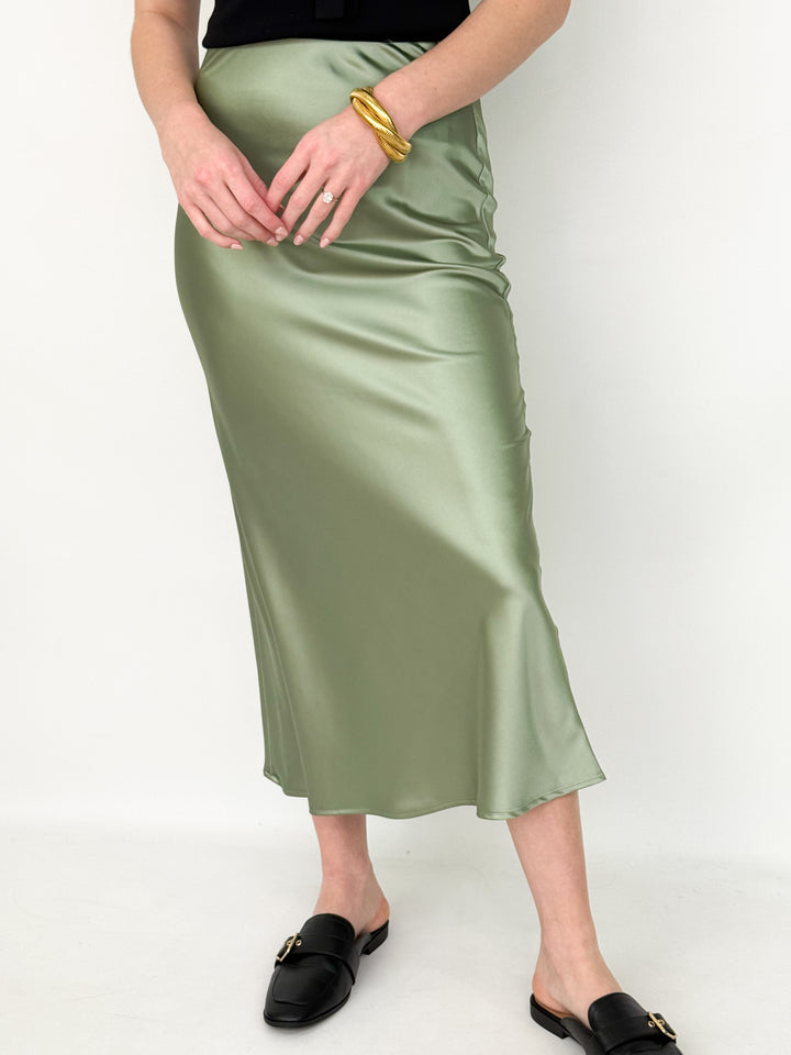 Makayla - Satin Midi Skirt (Sage)