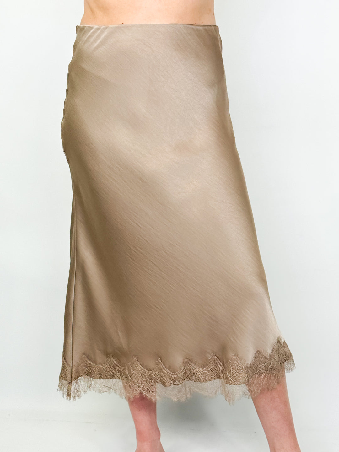 Carolyn - Satin Lace Trim Midi Skirt (Mocha)