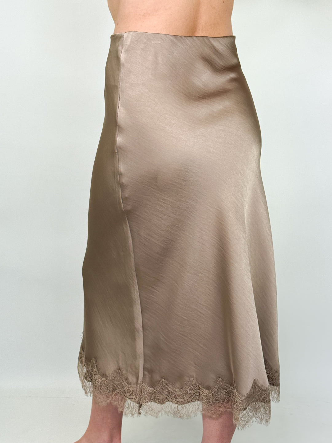 Carolyn - Satin Lace Trim Midi Skirt (Mocha)