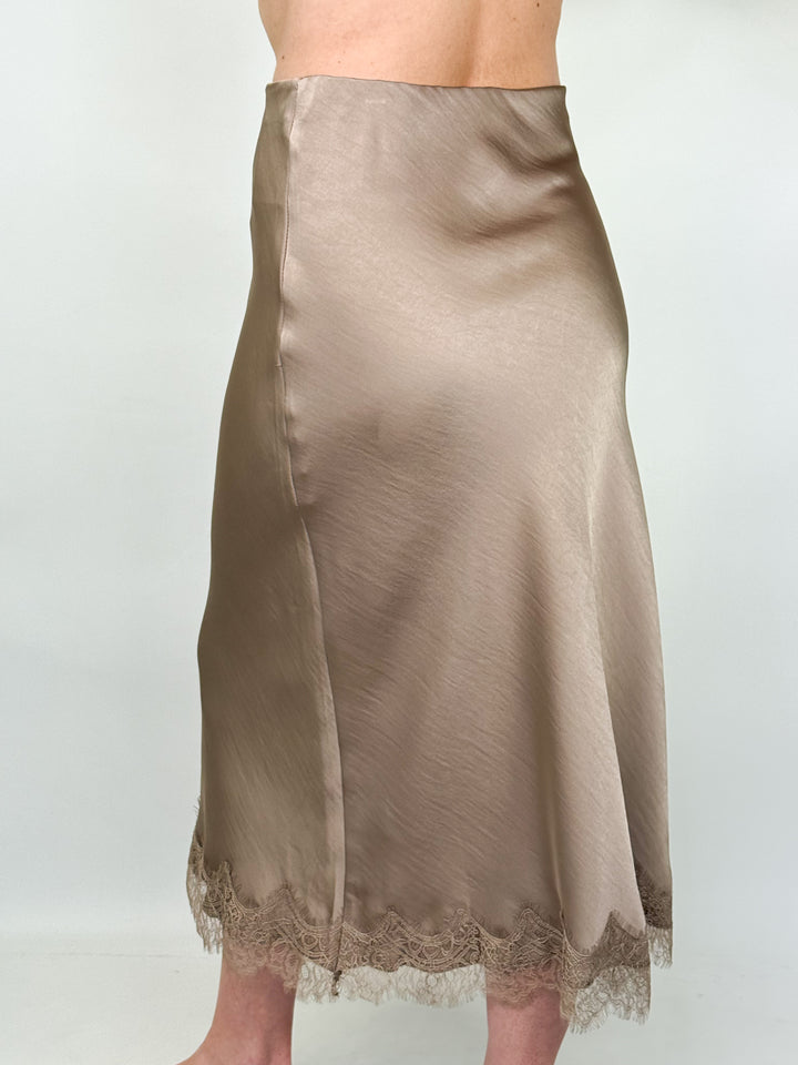 Carolyn - Satin Lace Trim Midi Skirt (Mocha)