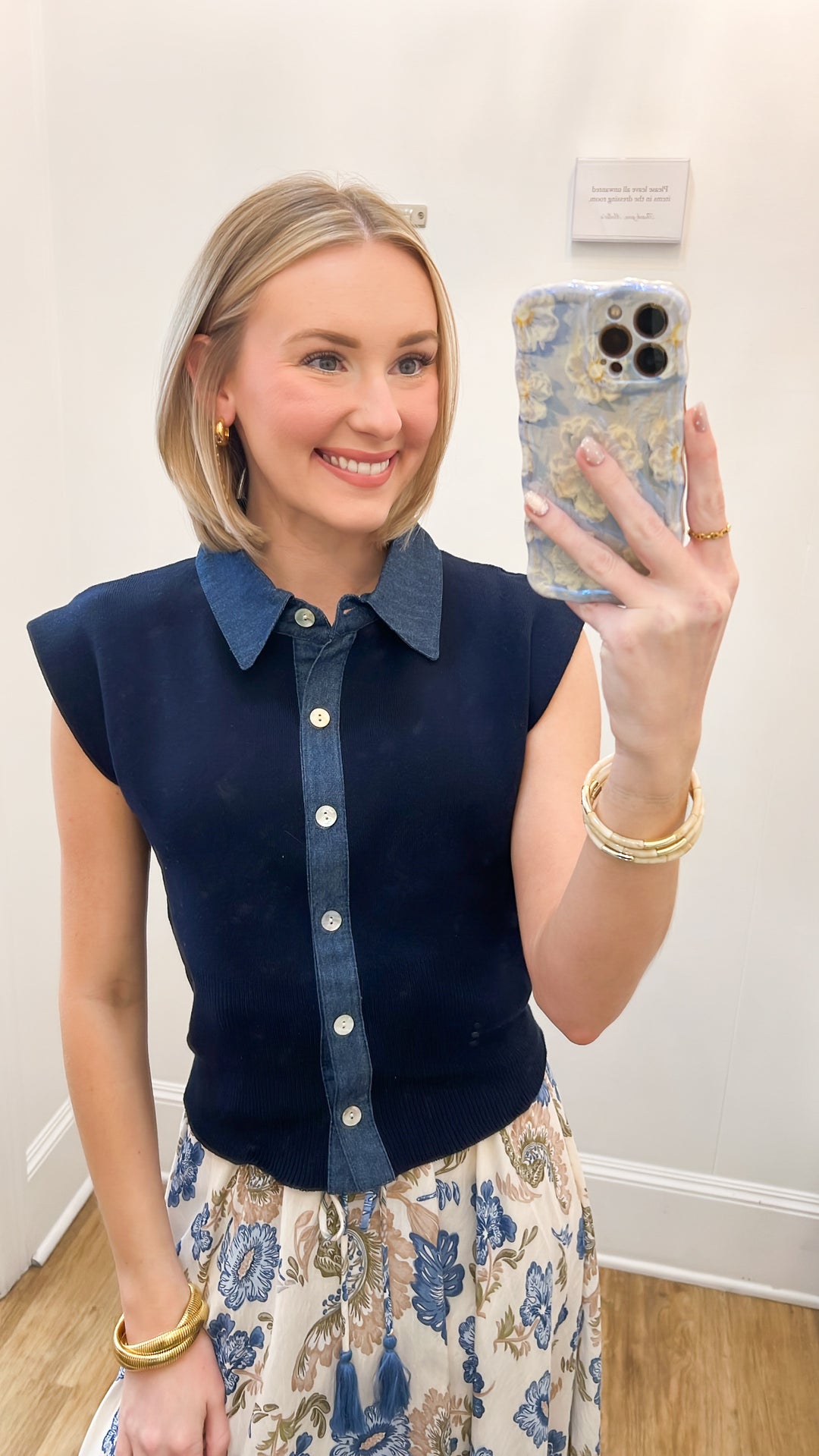 Mikayla - Navy Denim Detail Button Down Knit Top