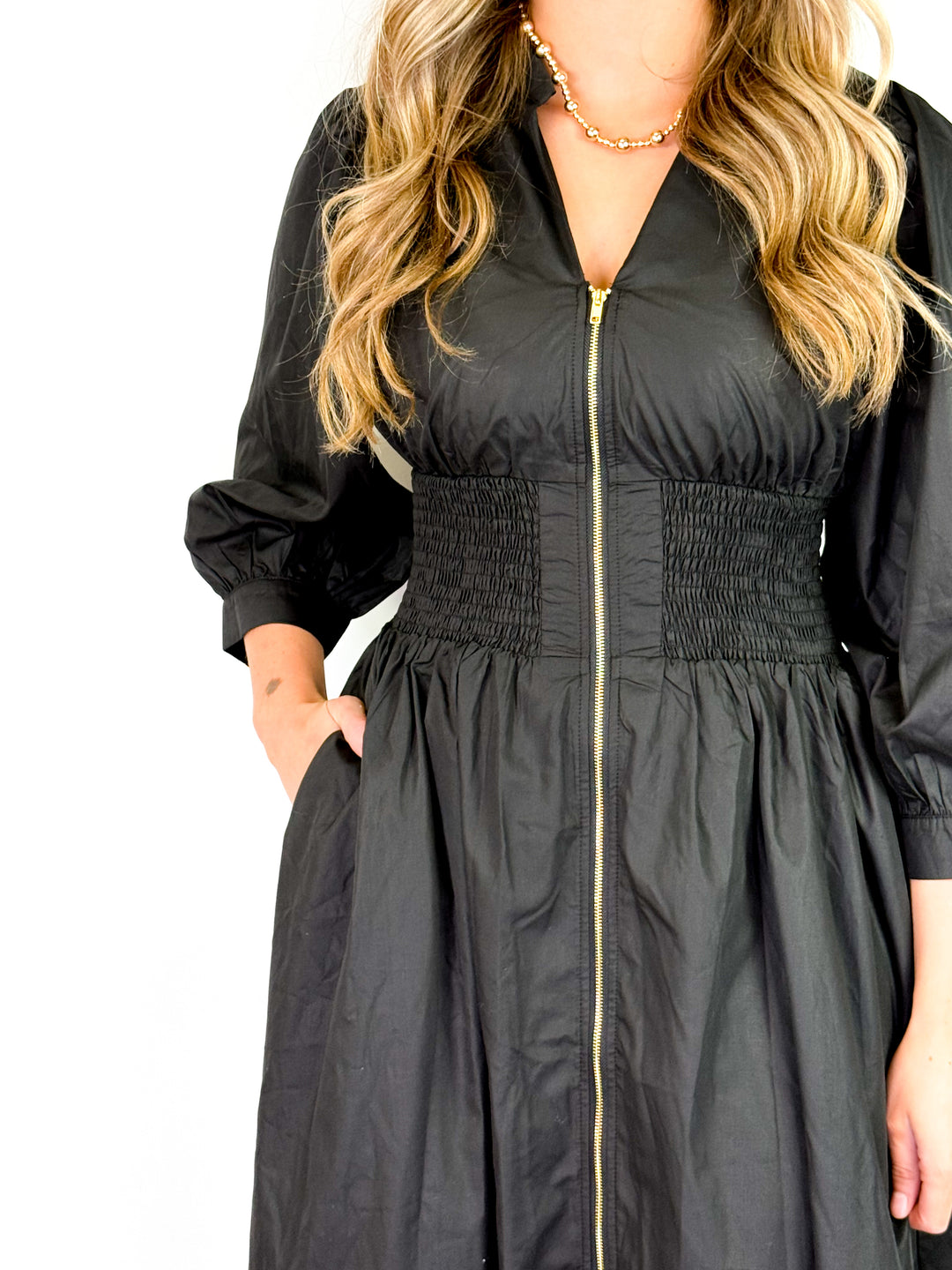 Nadia - Puff Sleeve Midi Black Dress