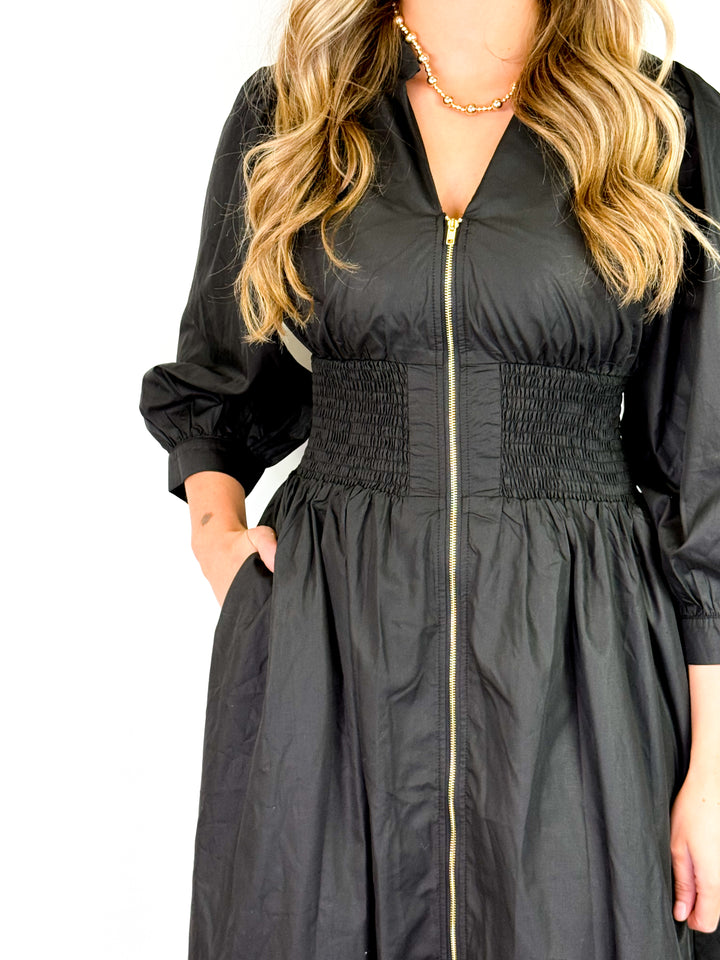 Nadia - Puff Sleeve Midi Black Dress