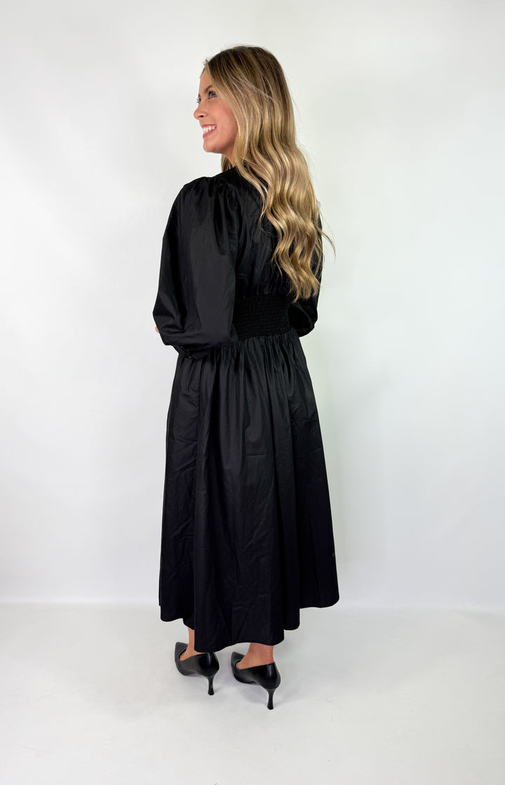 Nadia - Puff Sleeve Midi Black Dress