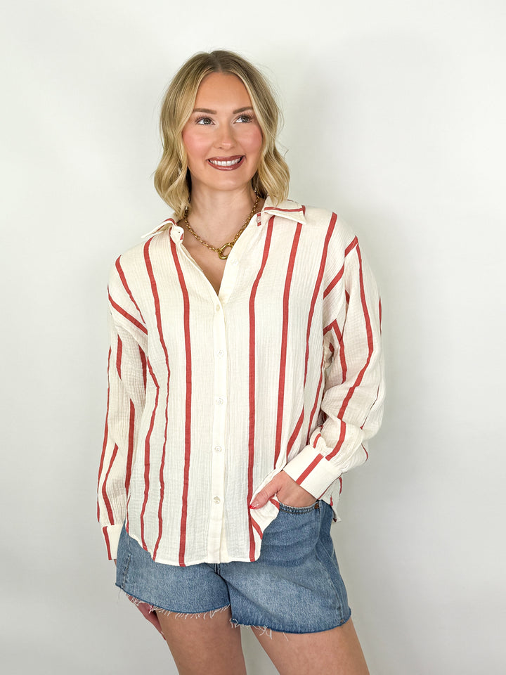 Shawnda - Striped Gauze Button Down Top (Red)