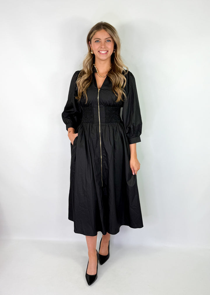 Nadia - Puff Sleeve Midi Black Dress