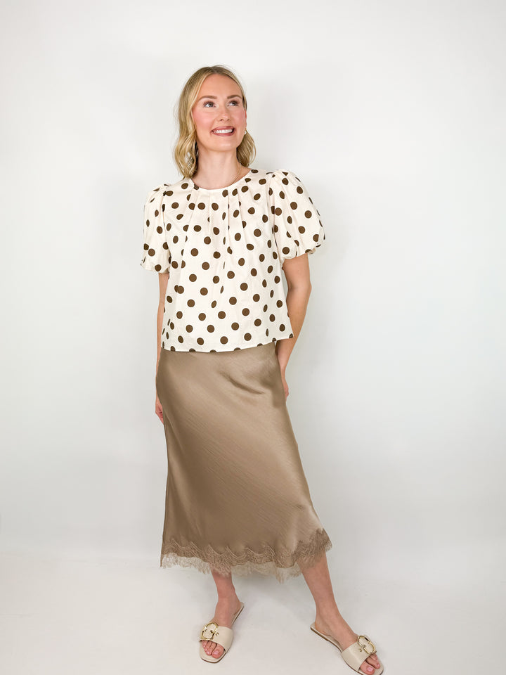 Carolyn - Satin Lace Trim Midi Skirt (Mocha)