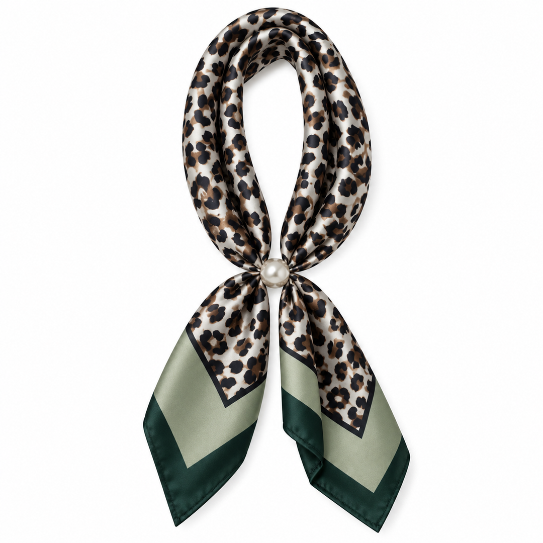 Magnetic Pearl Scarf  - Leopard with Green Trim