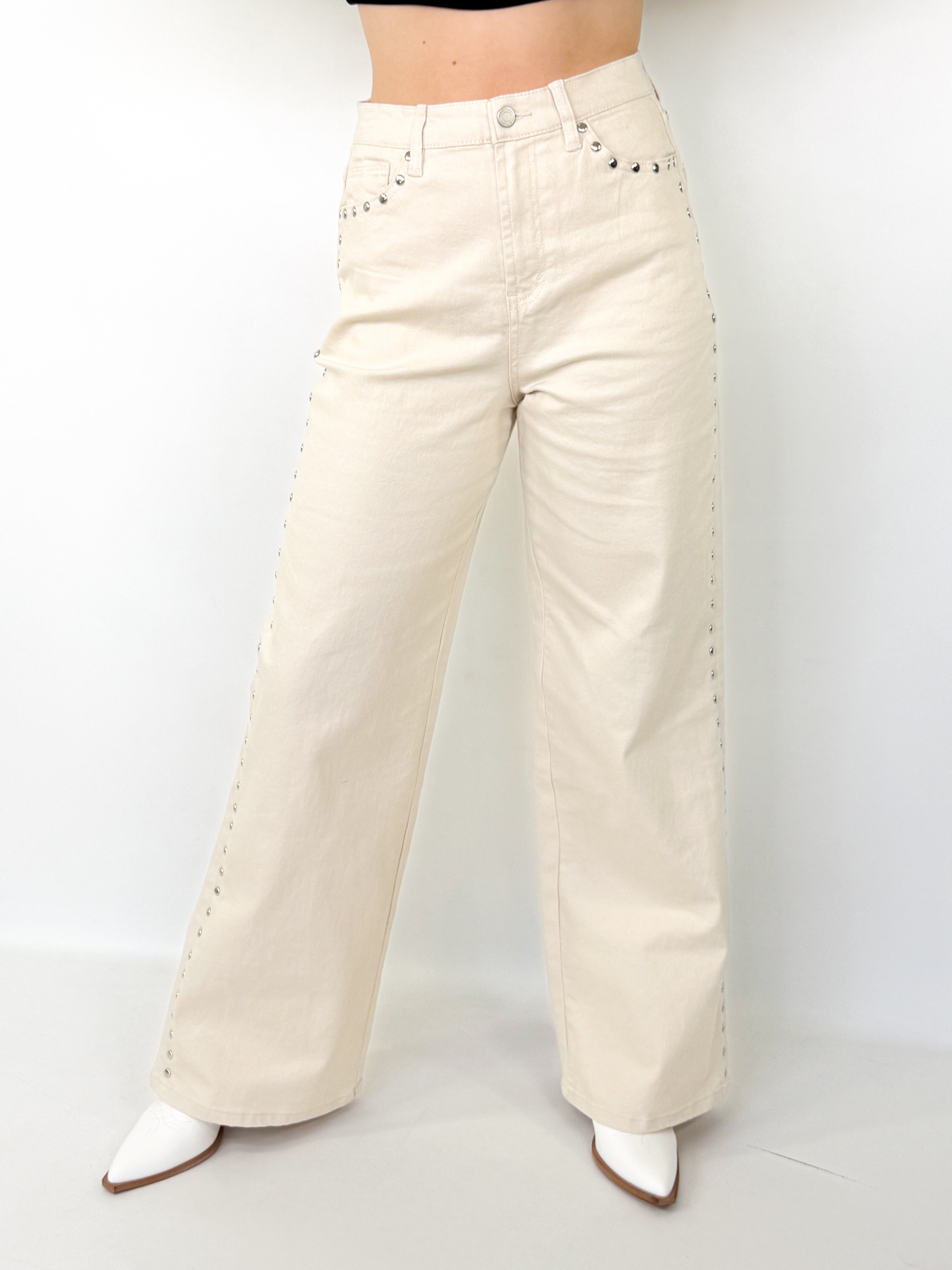 Jessika - Cream Wide Leg Studded Denim