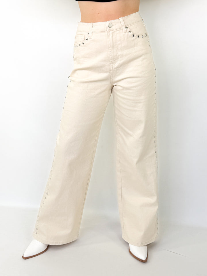 Jessika - Cream Wide Leg Studded Denim