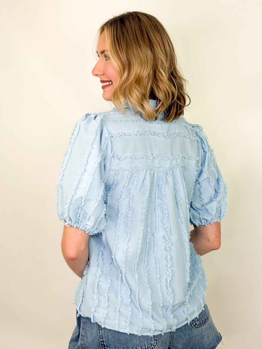 Tia - Blue Textured Striped Top