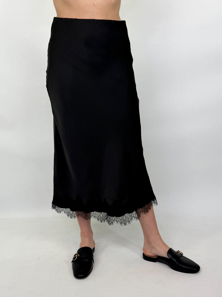 Carolyn - Satin Lace Trim Midi Skirt (Black)