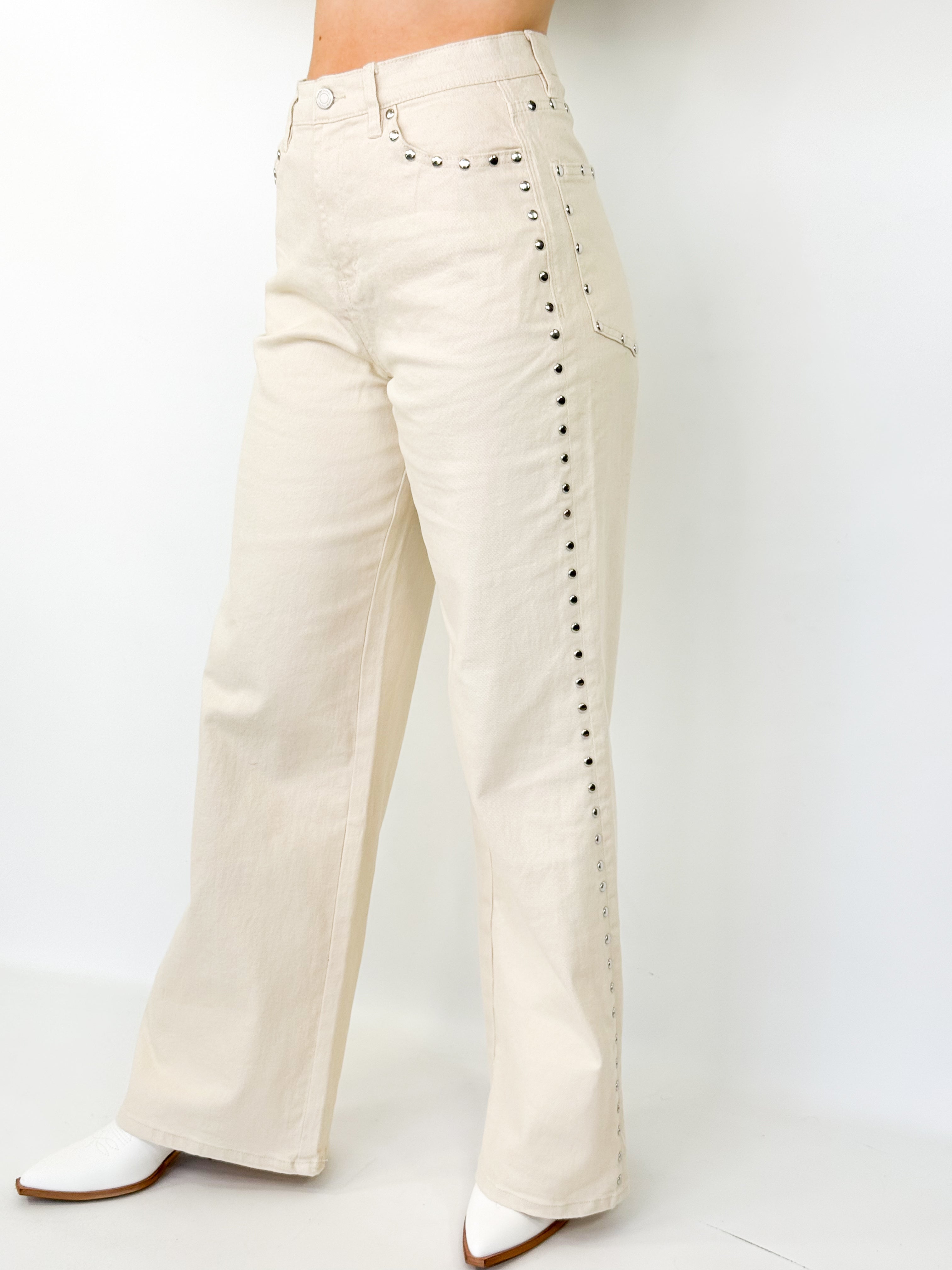 Jessika - Cream Wide Leg Studded Denim