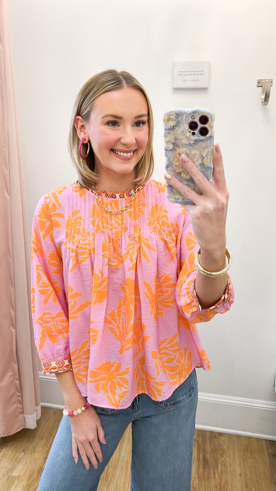 Nori - Pink + Orange Long Sleeve Floral Blouse