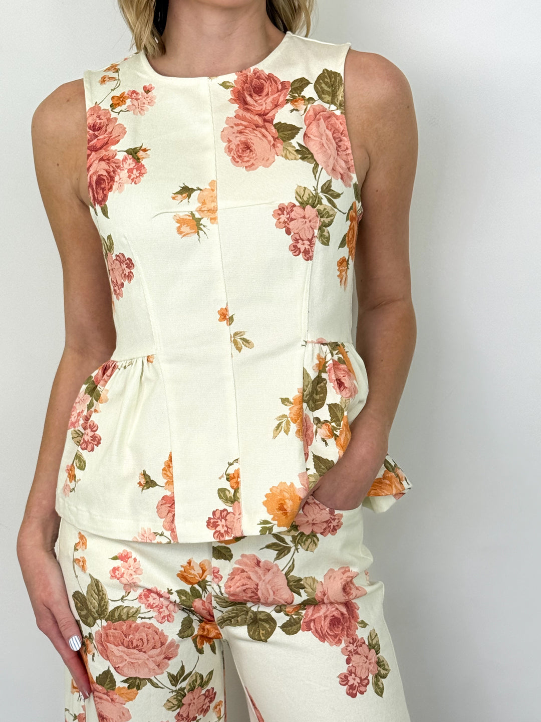 Viviana - Cream Floral Denim Pant Set