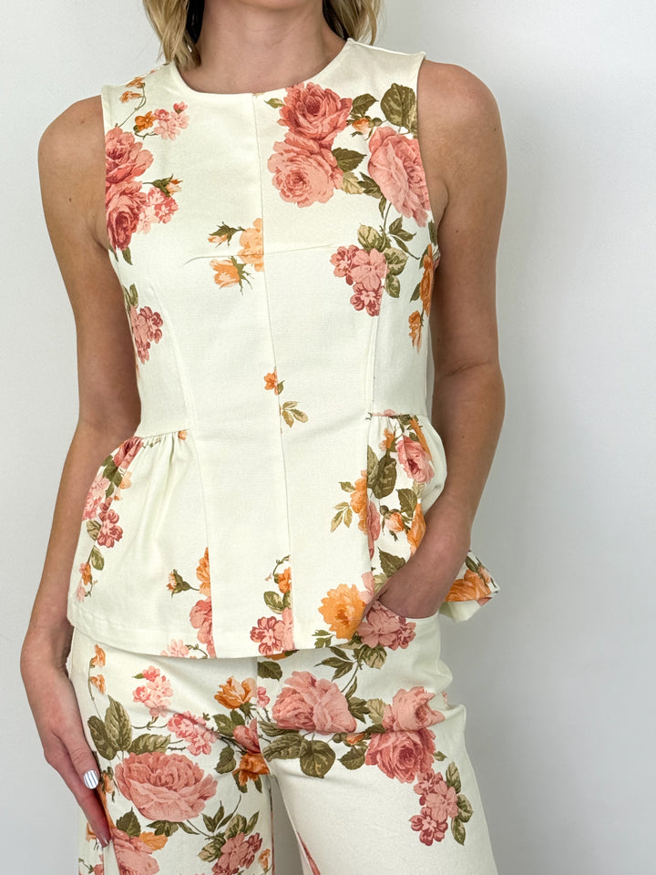 Viviana - Cream Floral Denim Pant Set