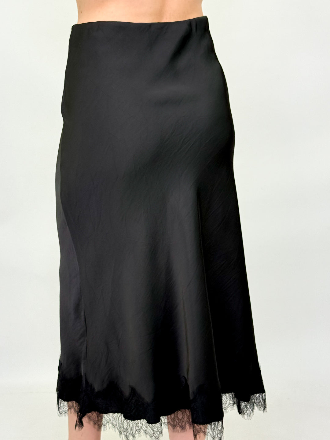Carolyn - Satin Lace Trim Midi Skirt (Black)