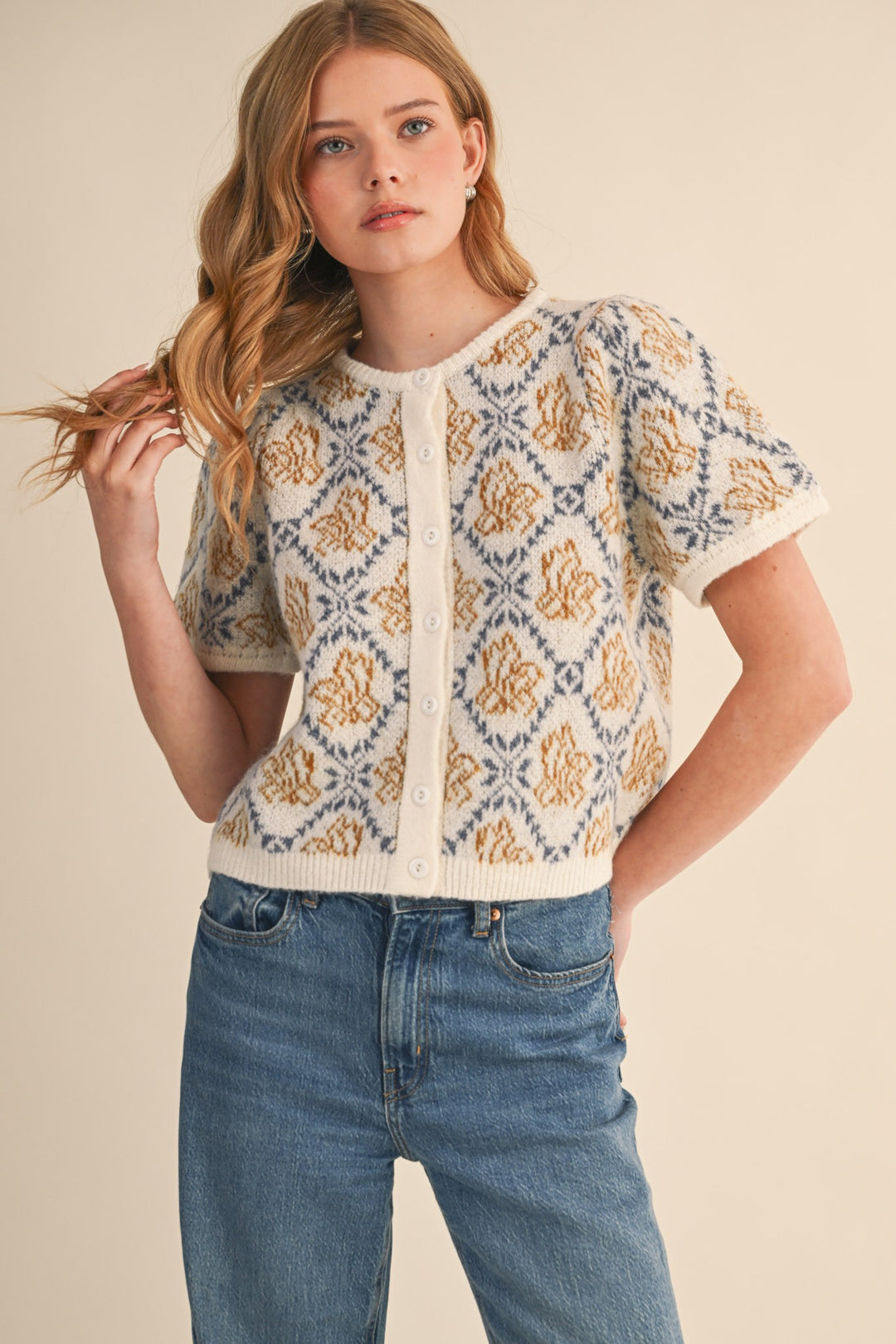 Millie - Floral Short Sleeve Cardigan (Ivory Blue)