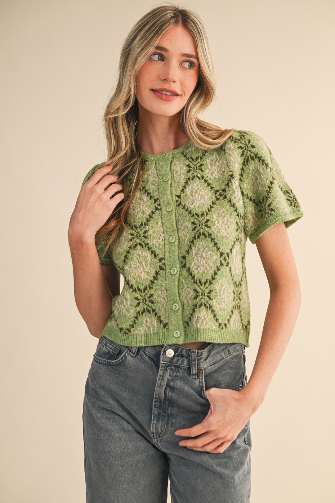 Millie - Floral Short Sleeve Cardigan (Avocado Pink)